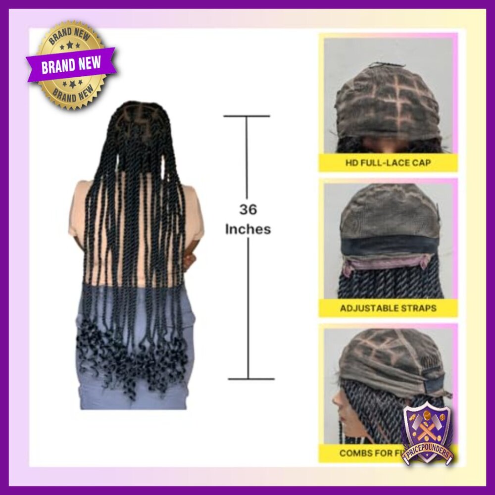 36" Full Lace Knotless Jumbo Twist Braided Wig, Synthetic, Pre-Plucked - Picture 3 of 6